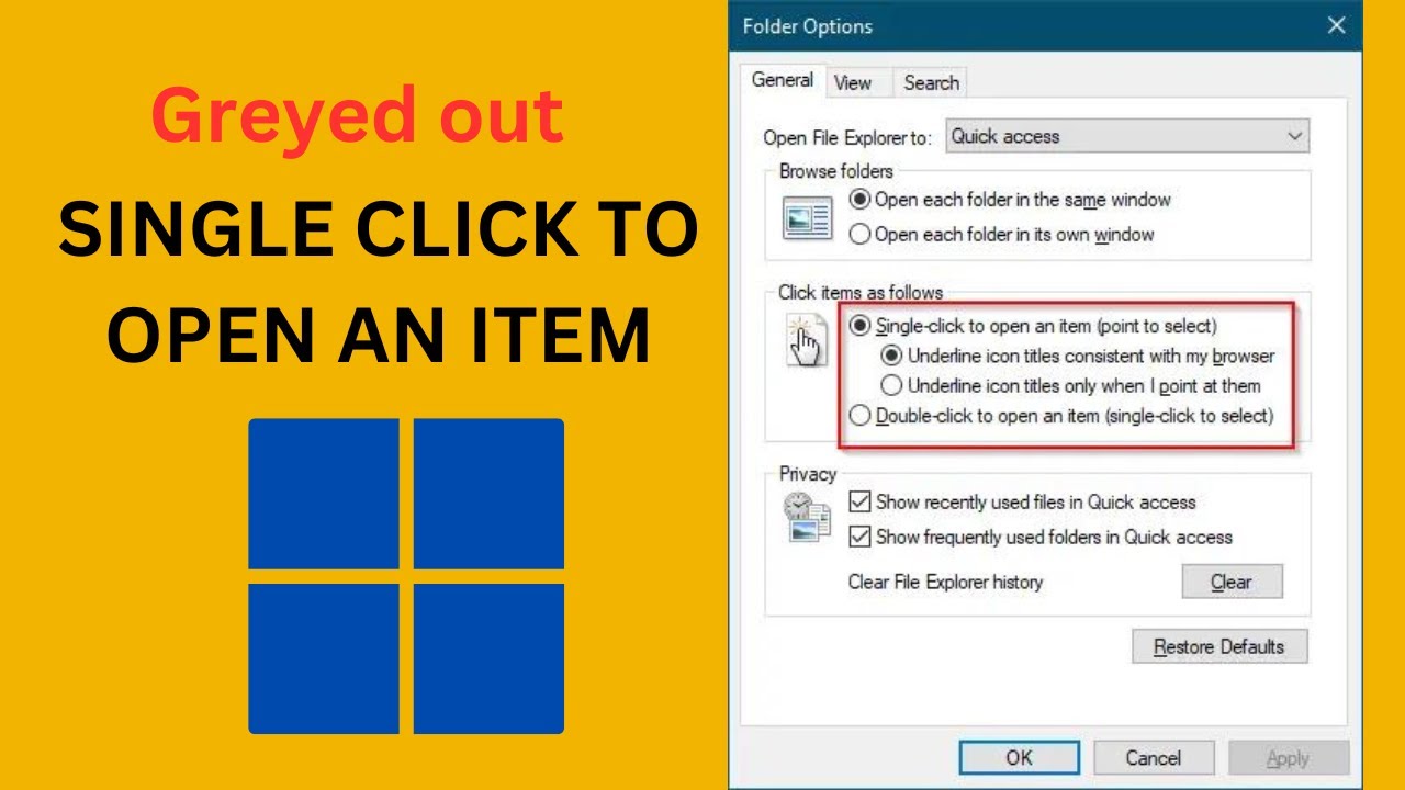 'Video thumbnail for Fix: “Single-click to open an item” is Greyed out in Folder Options of Windows 11 | GearUpWindows'