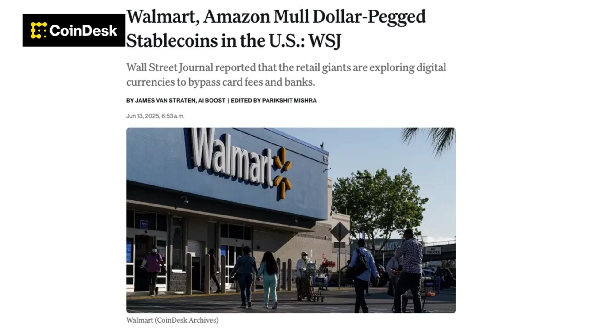 'Video thumbnail for Walmart, Amazon Consider Stablecoins in the U.S.: Report'
