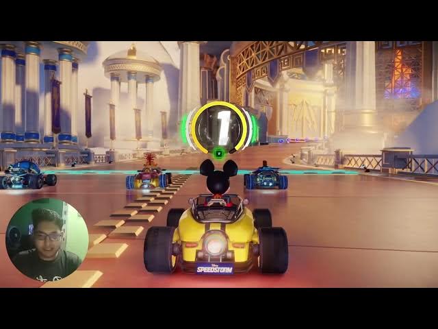 'Video thumbnail for Cartoon racing scene, vibrant colors, ancient Greek architecture, Mickey'