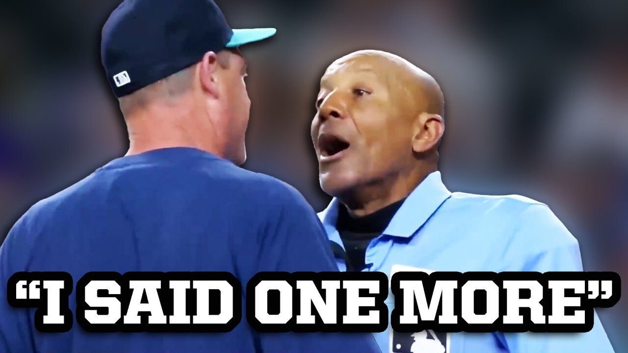'Video thumbnail for Umpire CB Bucknor tells Mariners catcher Cal Raleigh no more warm up pitches, a breakdown'