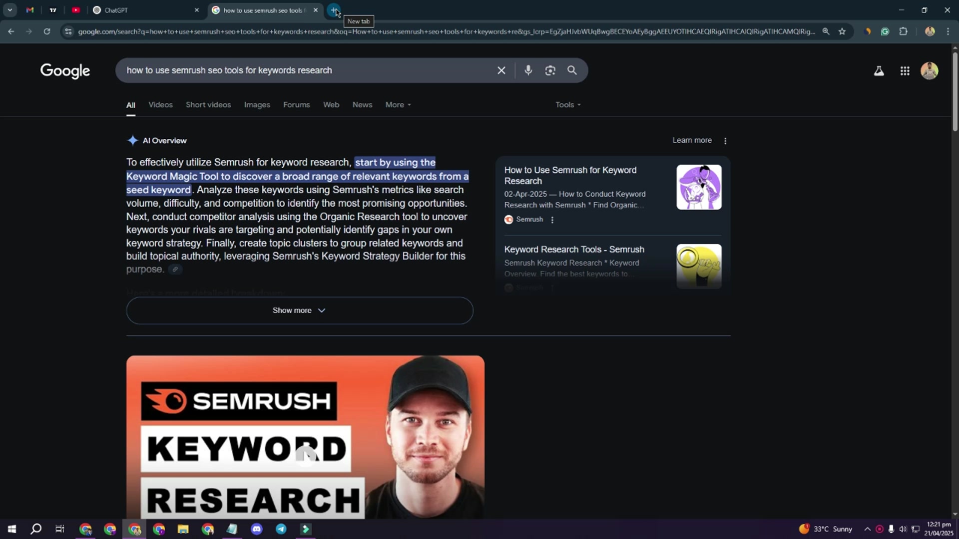 'Video thumbnail for How to Use SEM Rush For keyword research'