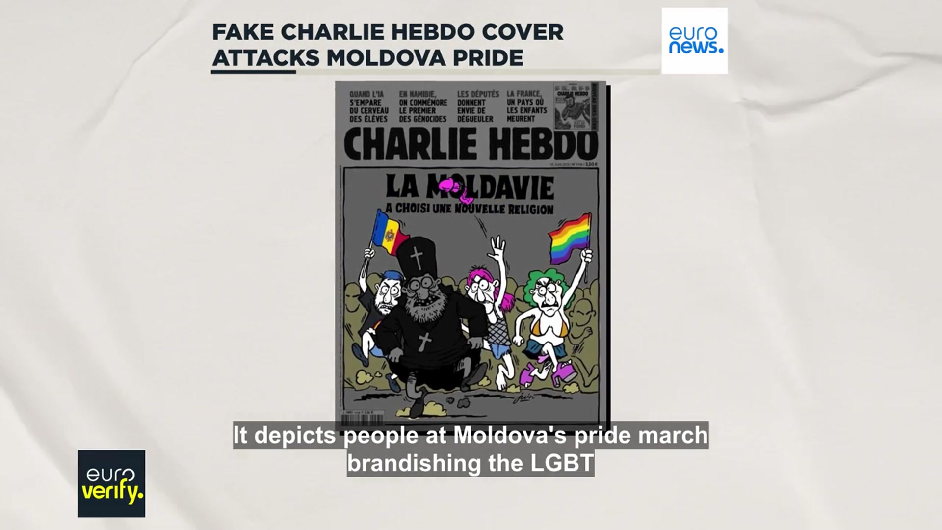 'Video thumbnail for Fake Charlie Hebdo cover attacking Moldova Pride circulates online'