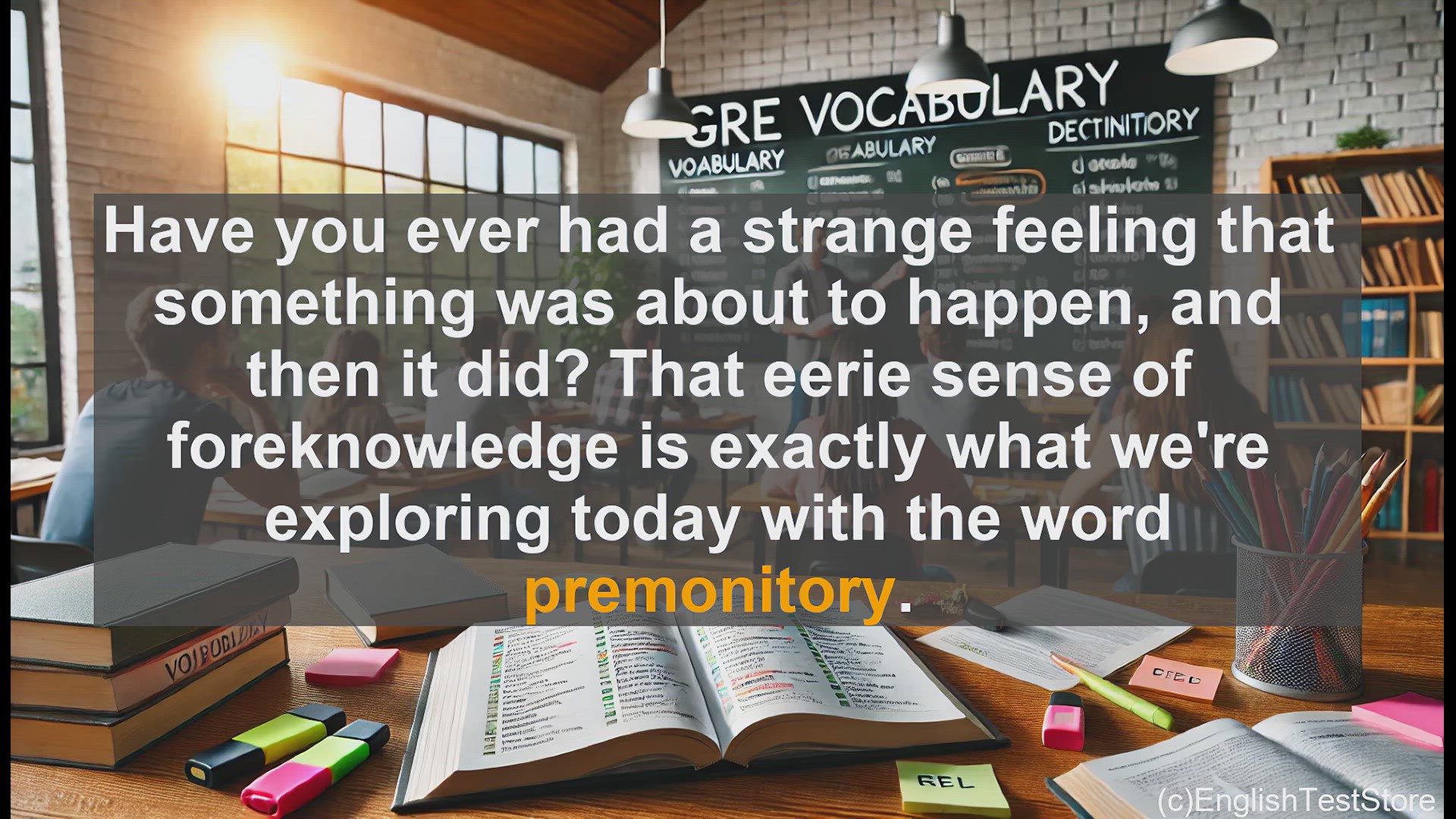 'Video thumbnail for GRE Vocabulary Lesson: Premonitory - Decoding the Meaning and Usage of This Insightful Word'