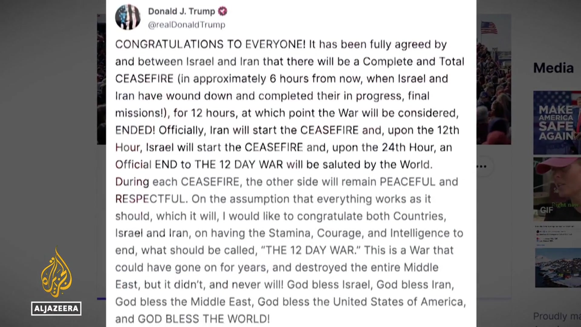 'Video thumbnail for Trump claims ceasefire reached between Israel and Iran'