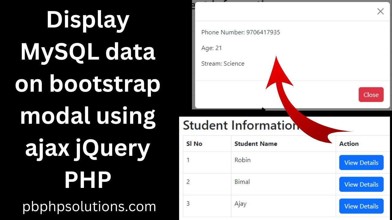 'Video thumbnail for Display MySQL data on bootstrap modal using ajax jQuery and PHP'