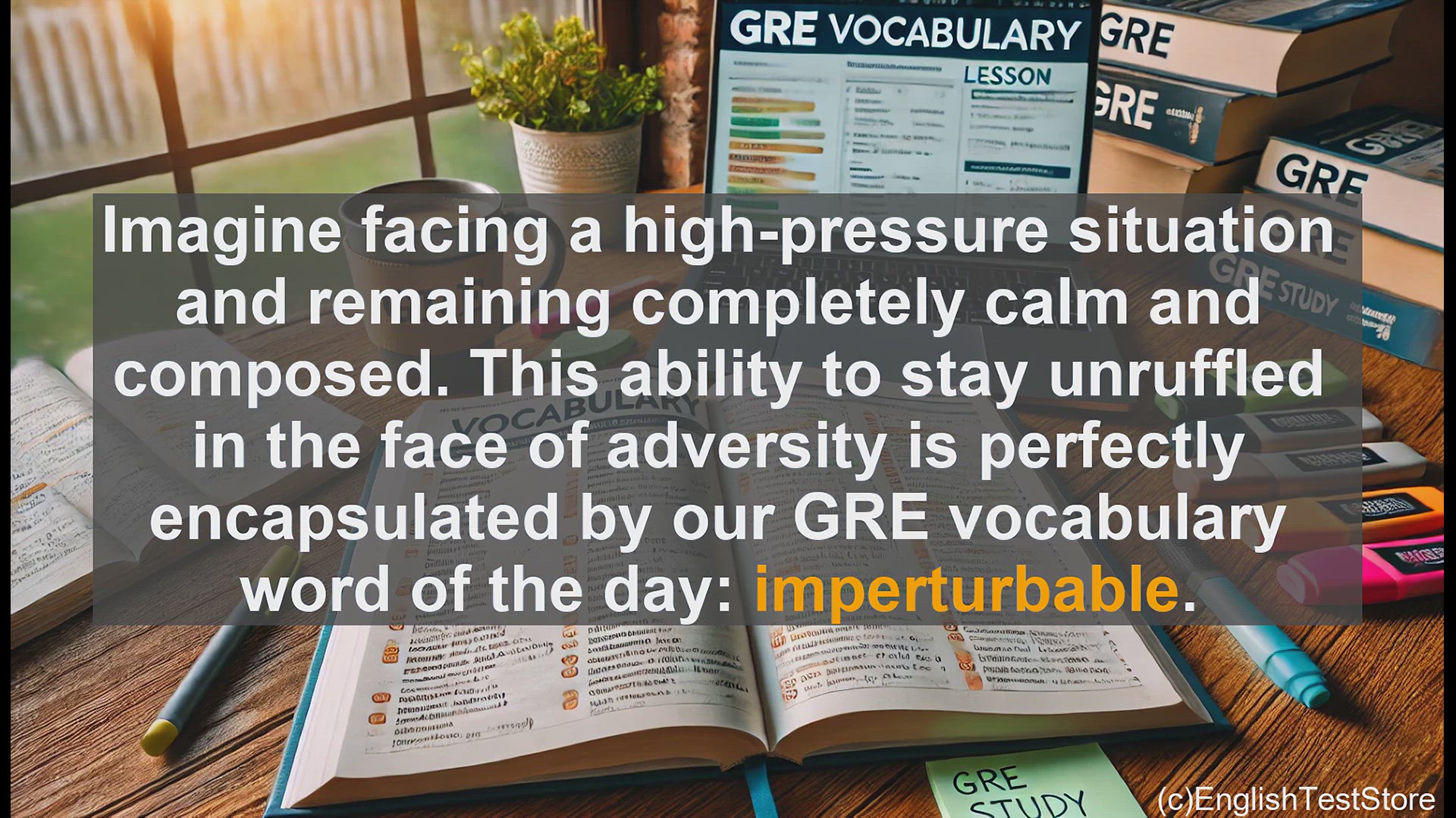 'Video thumbnail for GRE Vocabulary Lesson: Staying Calm Under Pressure - Mastering the GRE Vocabulary Word 'Imperturbable''