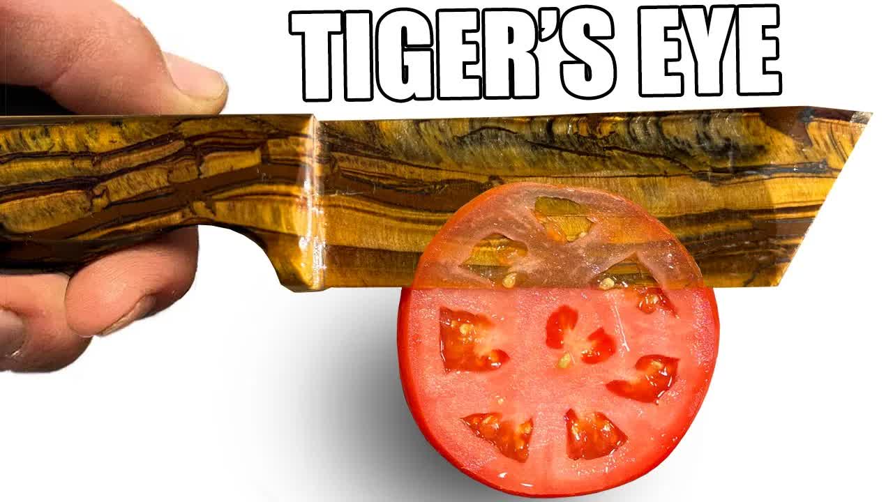 Video thumbnail for Waterjet Channel: making impossible knives: mammoth tooth vs tiger's eye