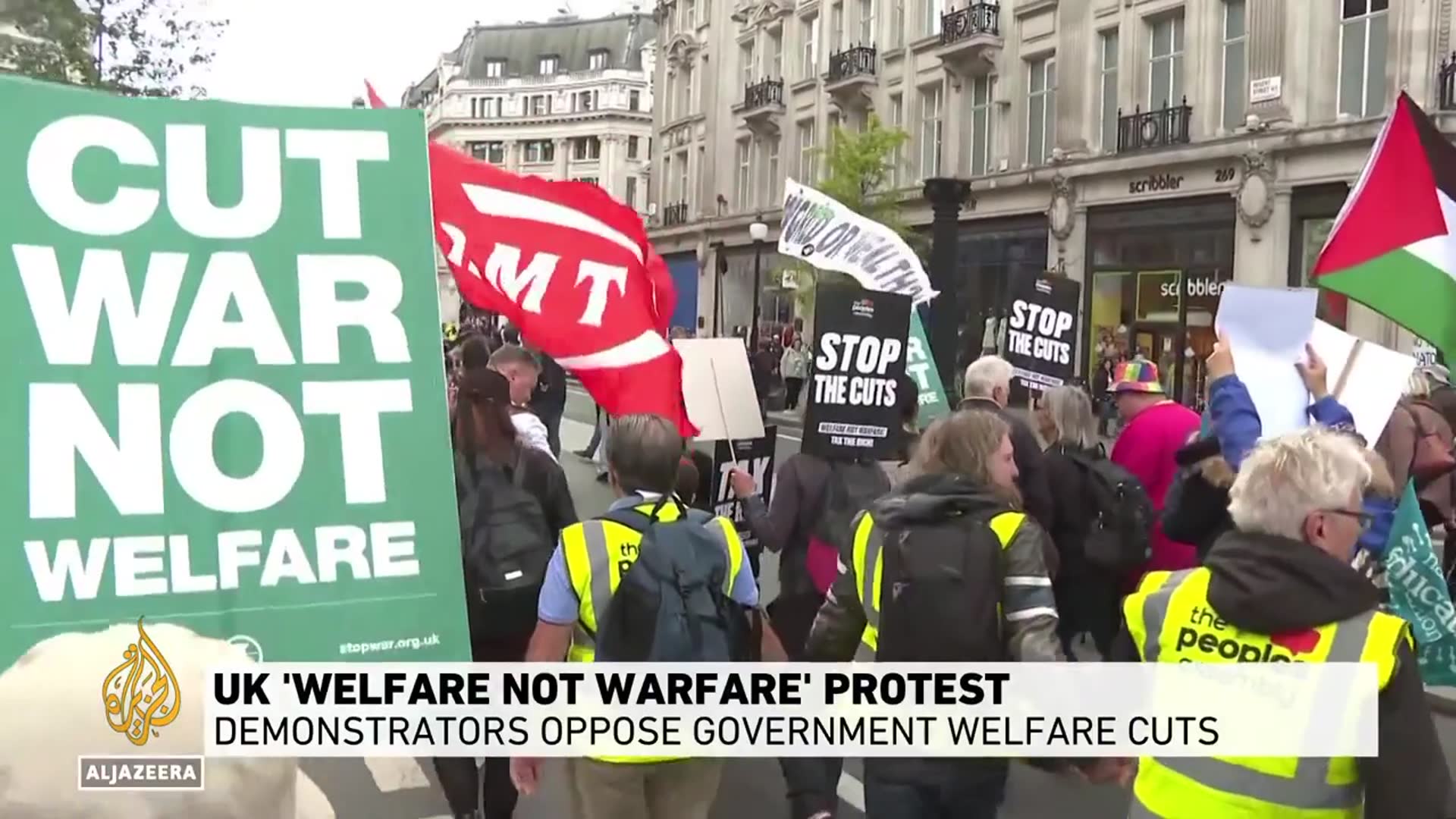 'Video thumbnail for UK 'Welfare not Warfare' protest: Demonstrators oppose government welfare cuts'