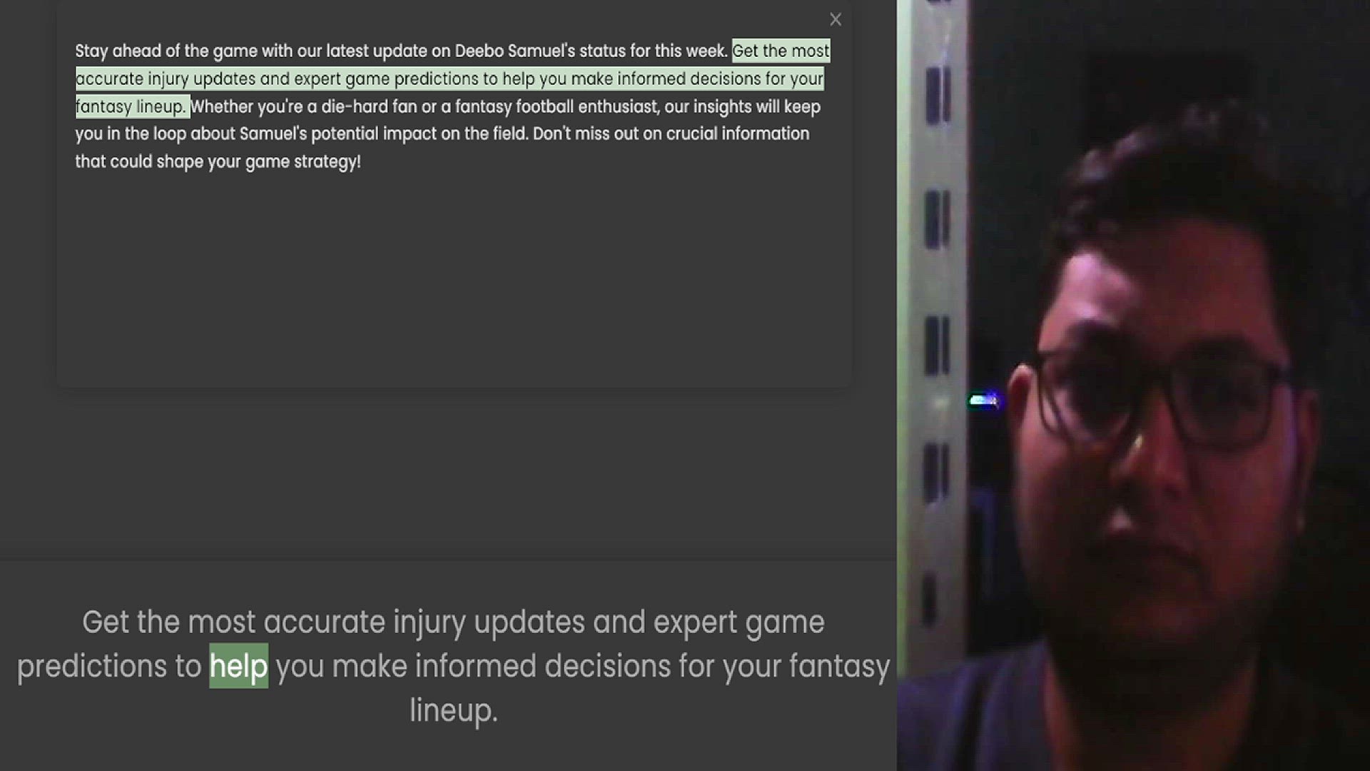 Video thumbnail for Stay ahead of the game with our latest update on Deebo Samuel's status for this week. Get the most accurate injury updates and expert game predictions to help you make informed decisions for your fantasy lineup. Whether you're a die-hard