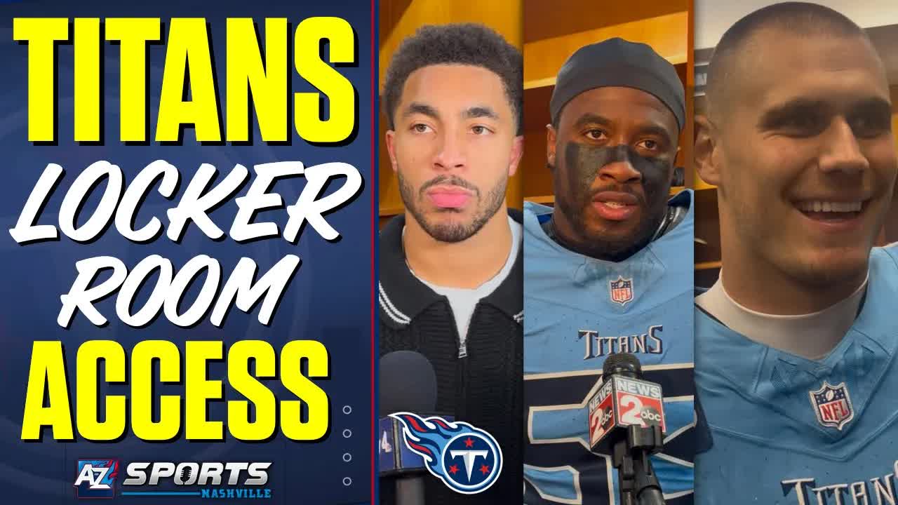 Video thumbnail for a to z sports nashville: tennessee titans locker room post-game media vs chargers: mccoy, skoronski, dike, barton