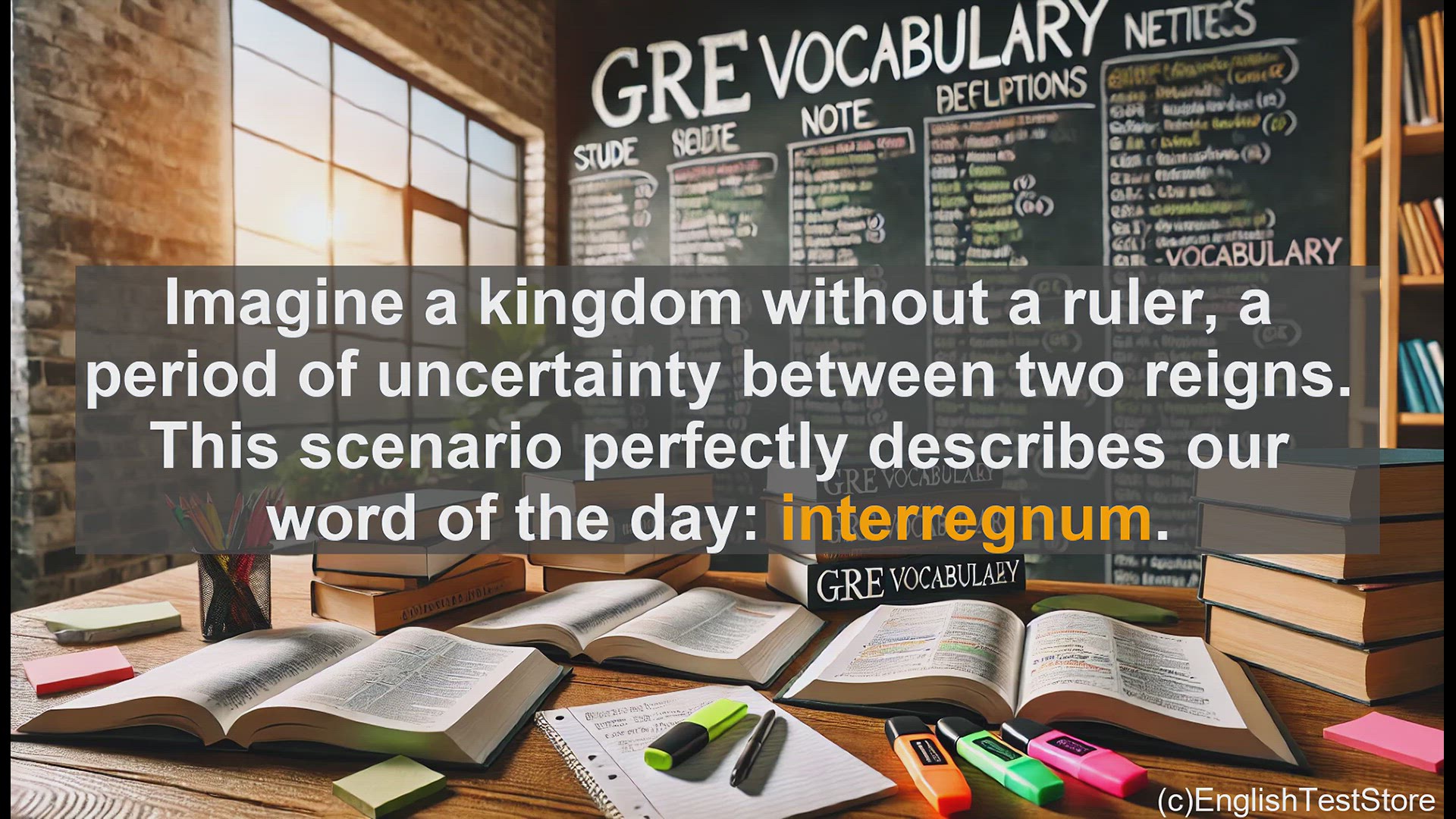 'Video thumbnail for GRE Vocabulary Lesson: Interregnum - Understanding the Gap Between Reigns'