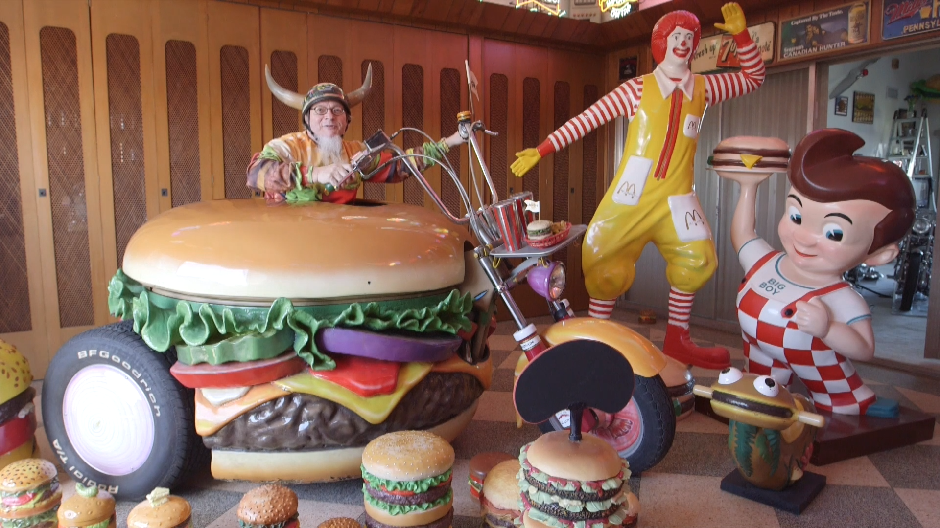 'Video thumbnail for Hamburger Harry, riding the world's Hamburger Harley'