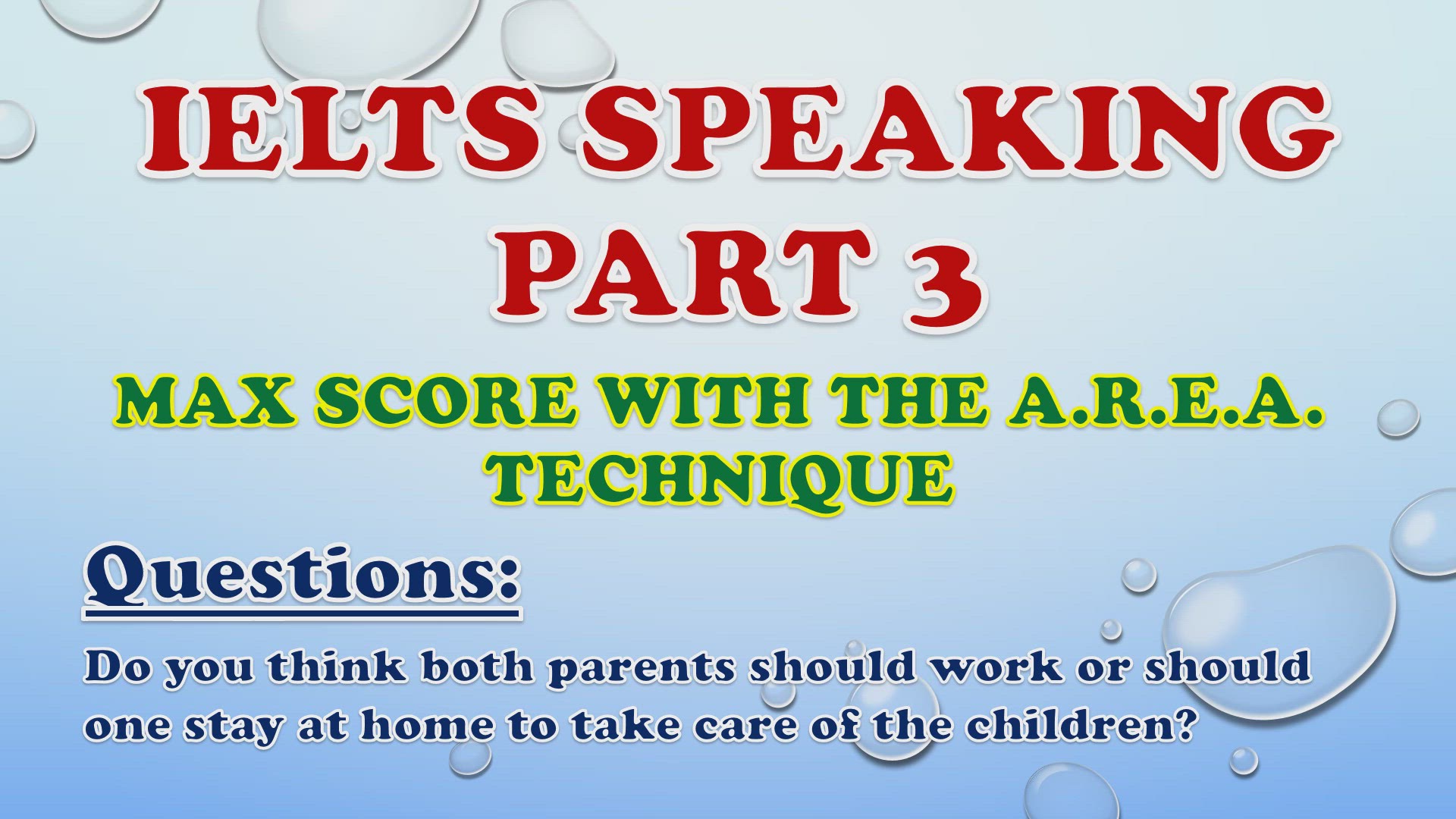 'Video thumbnail for Do you think both parents should work or should one stay at home to take care of the children? - IELTS Speaking Part 3'