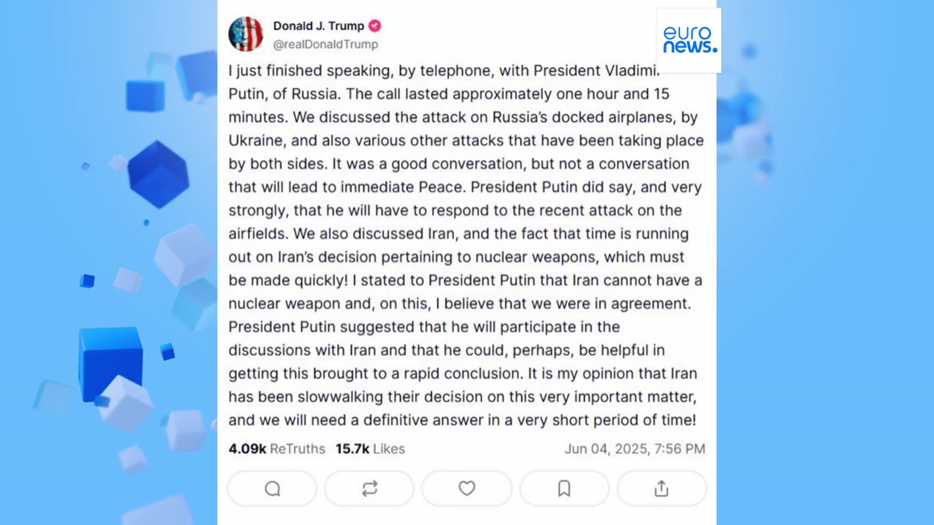 'Video thumbnail for Putin threatens to respond 'very strongly' after Ukraine strikes airfields, Trump says'