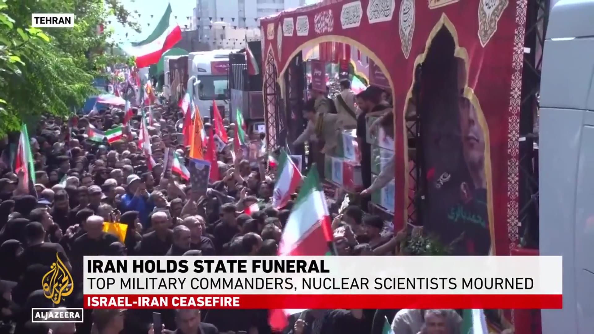 'Video thumbnail for Iran holds state funeral for top commanders, scientists killed by Israel'